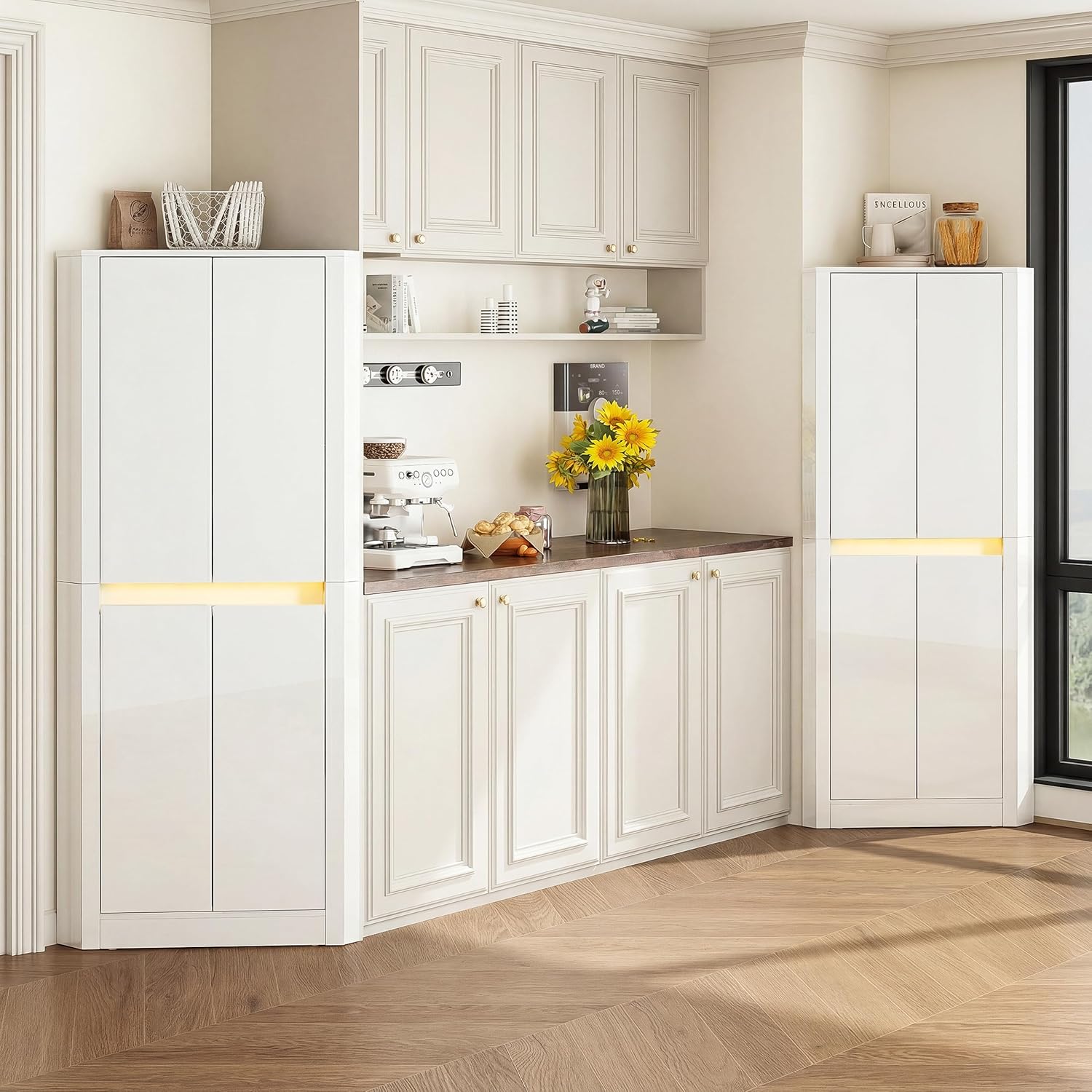 Anbuy 67'' Tall Pantry Cabinet with Led Light, Corner Pantry Cabinet with 4 High Gloss Doors and Adjustable Shelves, Space Saving Storage Cabinet for Food Hutch for Kitchen, Living Dining Room (White)