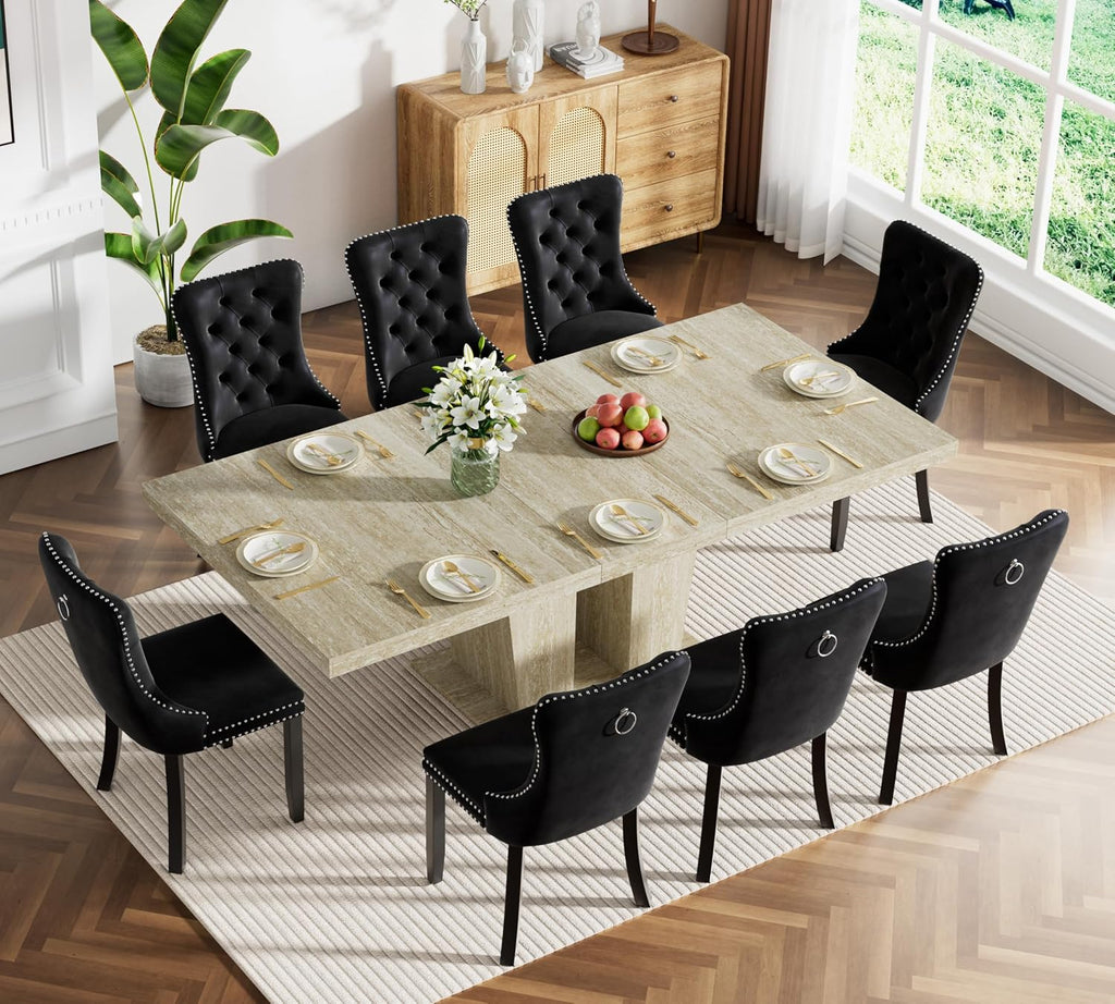 78.74" Rectangular Extendable Dining Room Table for 6 8 10, Modern Faux Travertine Farmhouse Wooden Kitchen Conference Expanding Table with Dual Columns Base, Long Large Expandable, White Oak