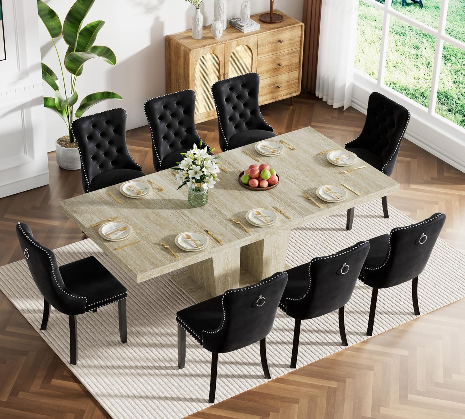 78.74" Rectangular Extendable Dining Room Table for 6 8 10, Modern Faux Travertine Farmhouse Wooden Kitchen Conference Expanding Table with Dual Columns Base, Long Large Expandable, White Oak