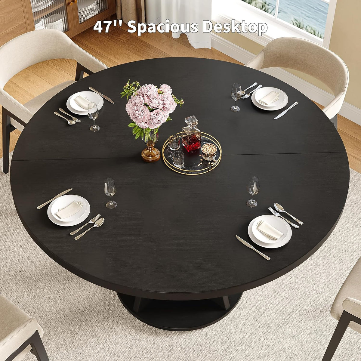 iPormis 47 Inch Round Dining Table for 4-6 People, Wooden Dining Room Table with Pedestal Base, Modern Kitchen Table for Small Spaces, Black, Table Only