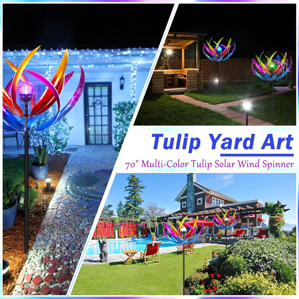 Wind Spinners Outdoor for Yard and Garden - Wind Sculptures & Spinners - 70 Inch Wind Spinner with Solar Powered Multi-Color Glass Ball Light for Yard Garden Backyard Lawn Decorations