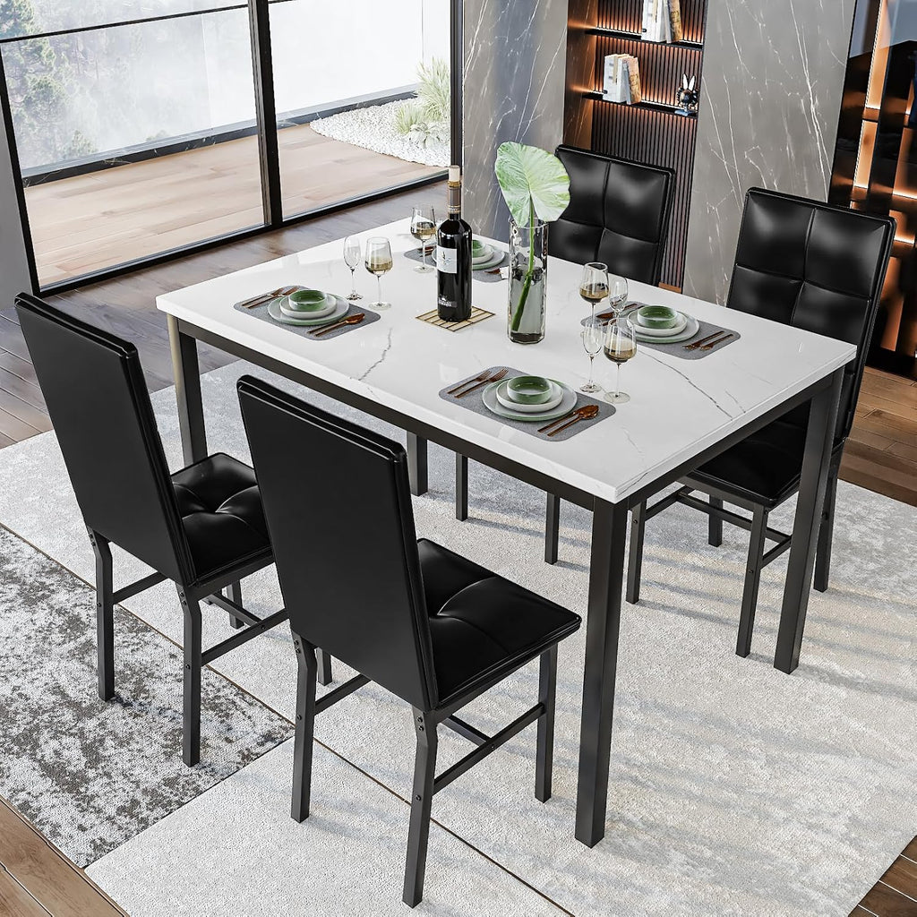 Hooseng Dining Table Set for 4, Faux Marble Small Kitchen Table with 4 PU Leather Chairs, Modern 5 Piece Dinner Table Set for Dining Room, Breakfast Nook, Samll Space, White & Black