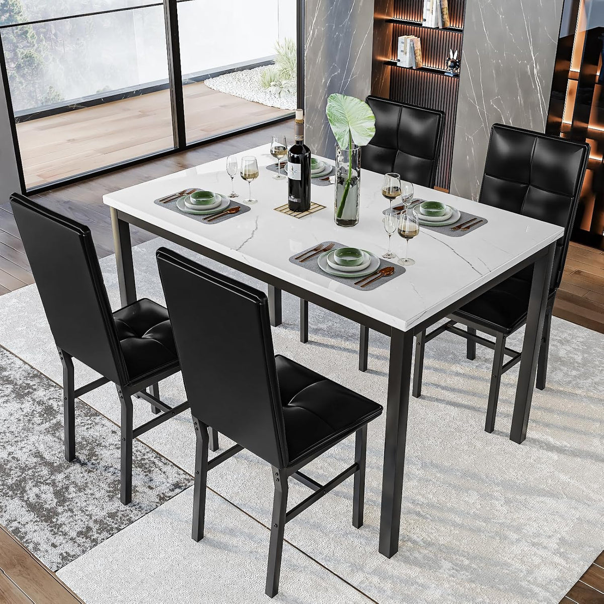 Hooseng Dining Table Set for 4, Faux Marble Small Kitchen Table with 4 PU Leather Chairs, Modern 5 Piece Dinner Table Set for Dining Room, Breakfast Nook, Samll Space, White & Black