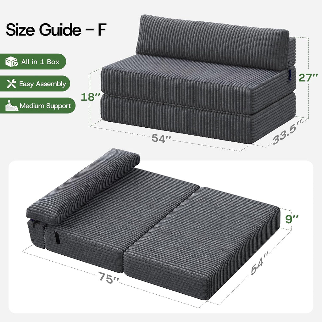 Convertible 4-in-1 Folding Sofa Bed Sleeper Chair Couch Foldable Chaise Lounger & Mattress Pocket Coils+Foam Fill Medium Support, No Assembly for Living Room/Bedroom, Full