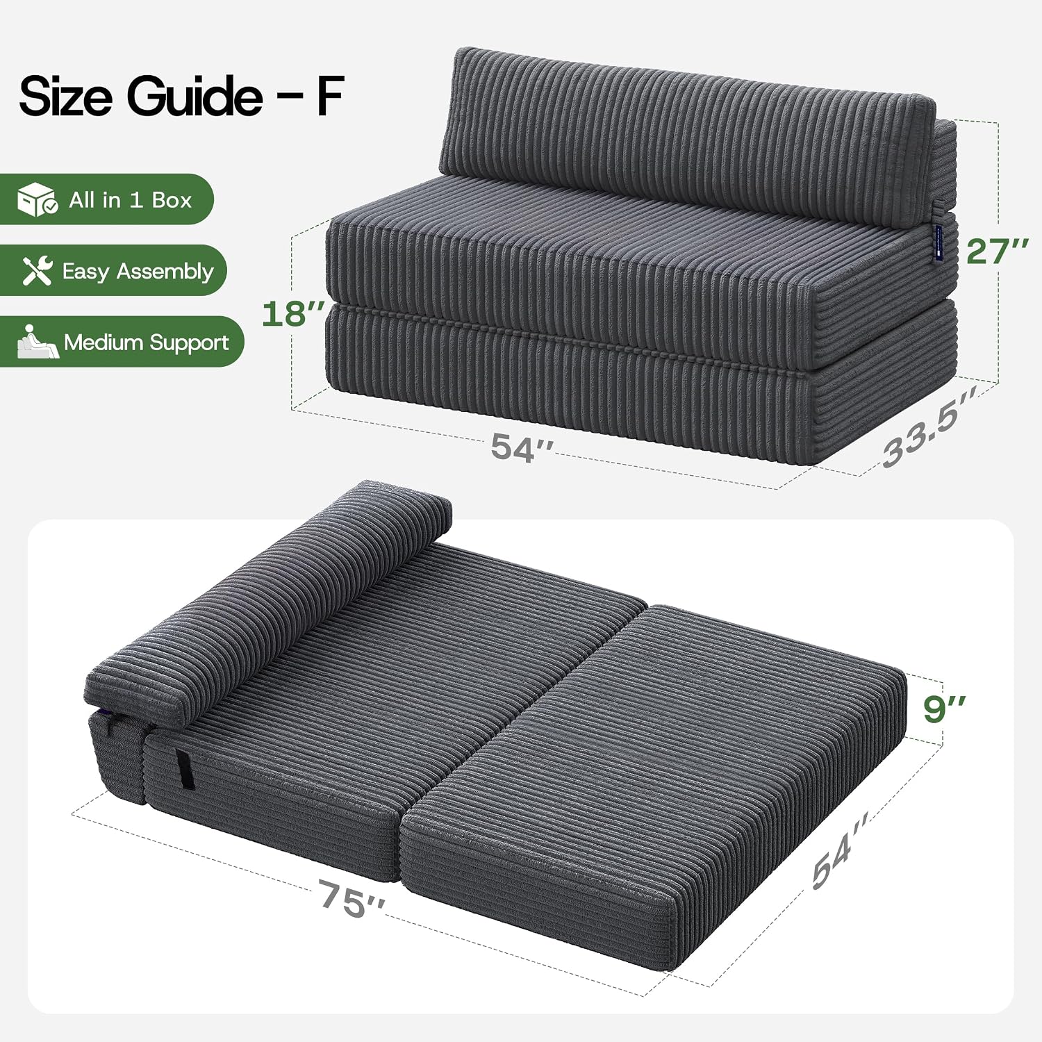 Convertible 4-in-1 Folding Sofa Bed Sleeper Chair Couch Foldable Chaise Lounger & Mattress Pocket Coils+Foam Fill Medium Support, No Assembly for Living Room/Bedroom, Full