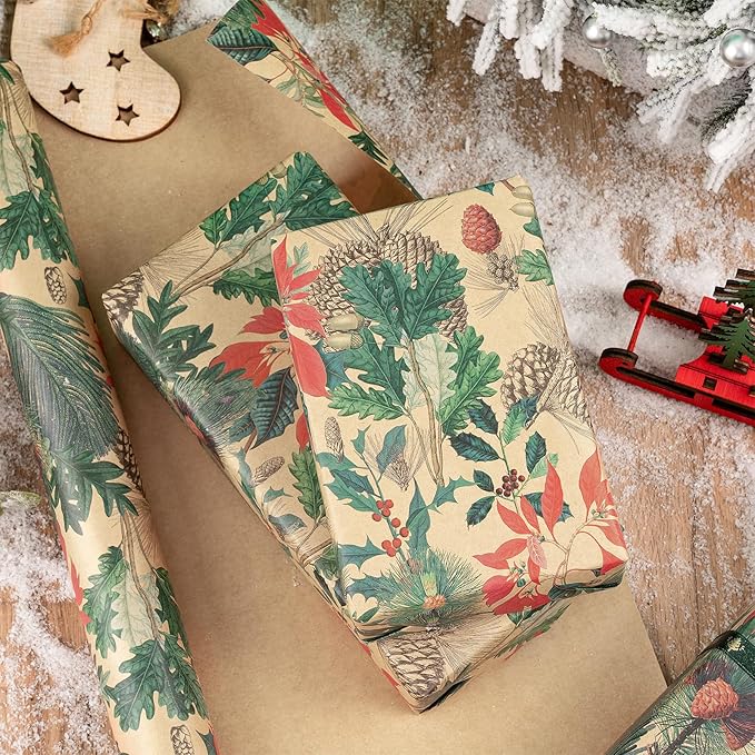 RUSPEPA Kraft Christmas Wrapping Paper Roll, Mini Roll, Watercolor Winter Botanical Design with Pinecones, Holly and Poinsettia, Kraft Gift Wrap for Xmas Holiday, Winter Party, 17 Inches x 16.4 Feet