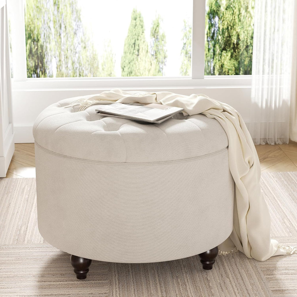 24 Inch Round Storage Ottoman,Modern Tufted Ottomans,Circular Coffee Table with Removable Top,Upholstered Large Ottoman with Storage Footrest Stool for Bedroom Living Room (White)