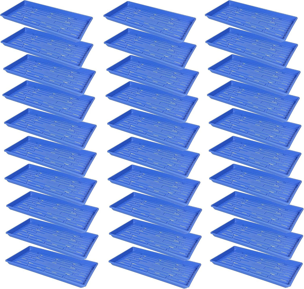 SUNPACK 10" x 20" Heavy Duty Shallow Plastic Seed Starting Tray, Blue, 1" (Pack of 30) - Lined with Drainage Holes for Excess Water and Aeration, Ideal for Greenhouses or Indoor Gardening