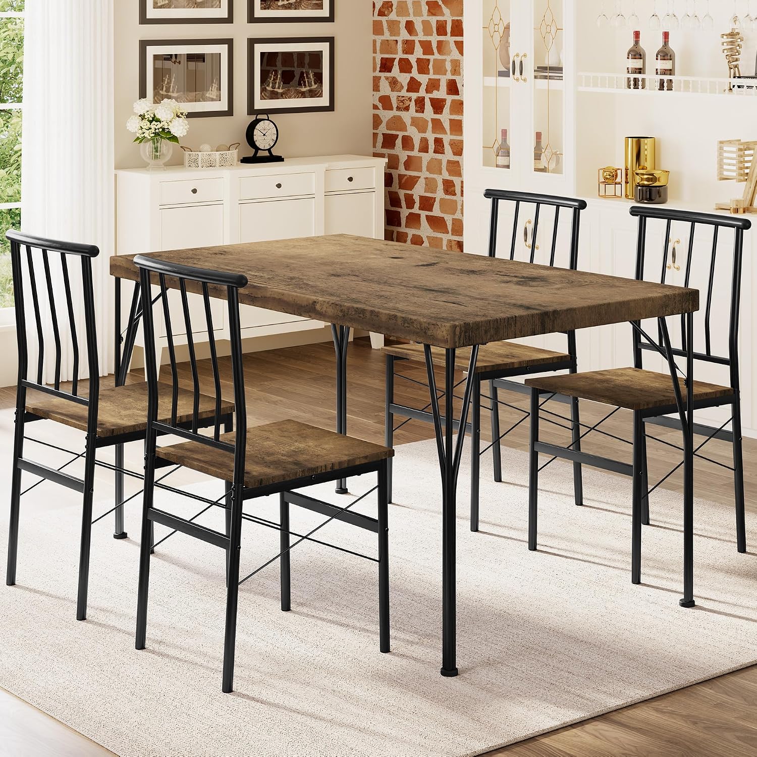Dining Table Set for 4 with 1.6" Thick Tabletop, 5-Piece Kitchen Table Set, Space-Saving Rectangular Dining Room Kitchen Table Chair Set for Small Space,Dinette,Apartment,Rustic Brown