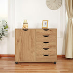 Naomi Home Amy 5-Drawer Rolling Storage Cabinet with Shelves - Natural | 5 Spacious Drawers • Storage Cabinet With 2 Shelves • Smooth-Rolling Casters • Spacious Tabletop • Modern Space-Saving Design