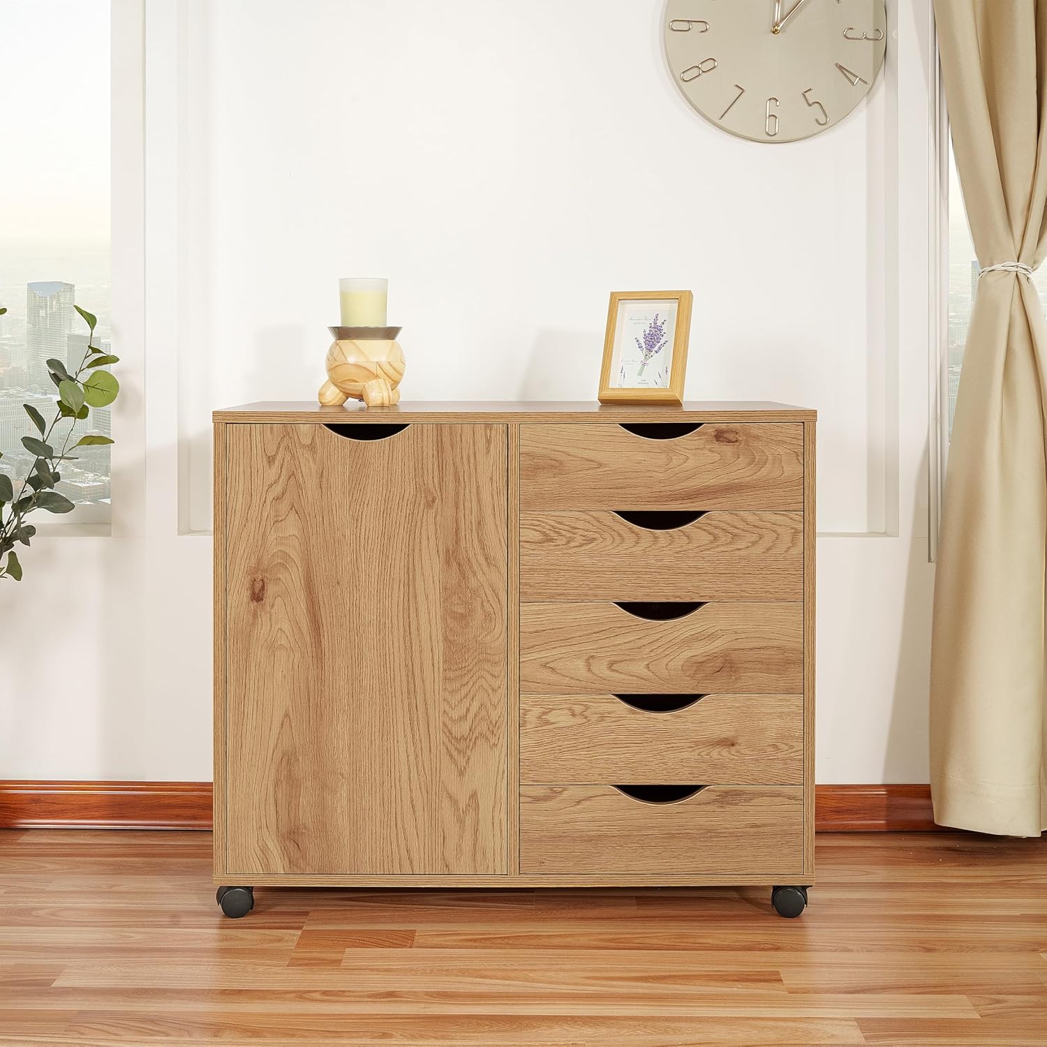 Naomi Home Amy 5-Drawer Rolling Storage Cabinet with Shelves - Natural | 5 Spacious Drawers • Storage Cabinet With 2 Shelves • Smooth-Rolling Casters • Spacious Tabletop • Modern Space-Saving Design