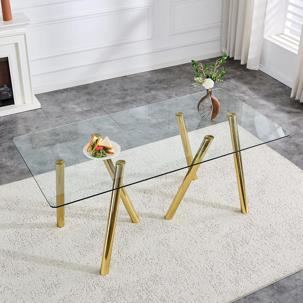 71" Glass Gold Dining Table for 6-8, Modern Dining Room Table with 0.39" Tempered Glass Top and 6 Metal Round Tube Legs, Rectangle Kitchen Dinner Table for Dining Room