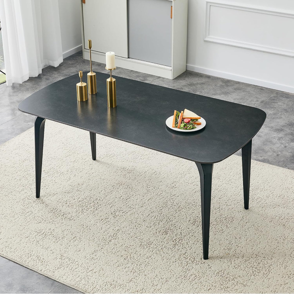 Modern Rectangular Dining Table,63”Sintered Stone Dining Table for 4-6, Black Stone Top with Carbon Steel Frame for Small Space,Kitchen Office,Apartment,Cafe