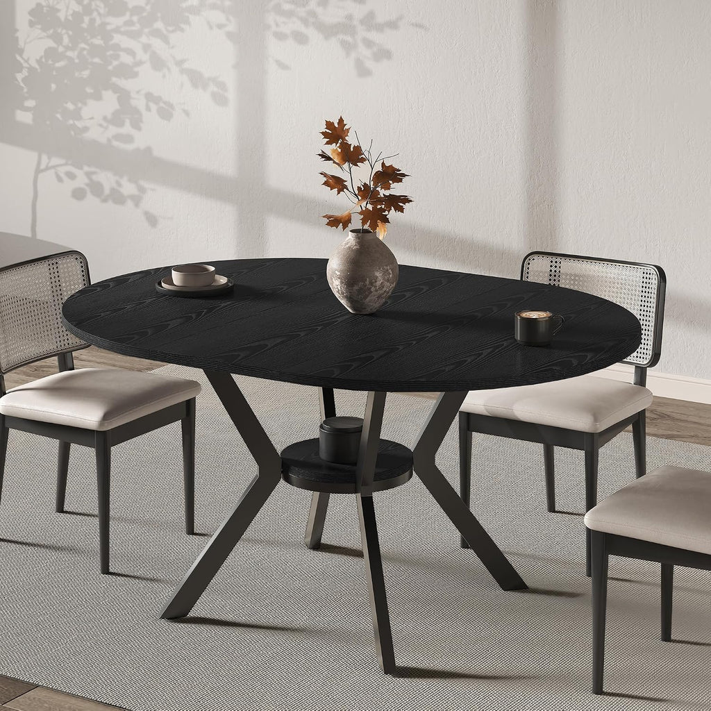 42"-58" Extendable Round Dining Table with Built-in Flip Leaf, Modern Oval Kitchen Table for 4-6, Space-Saving Small Room Furniture with Storage Shelf and X-Shaped Metal Base for Kitchen, Dining Room