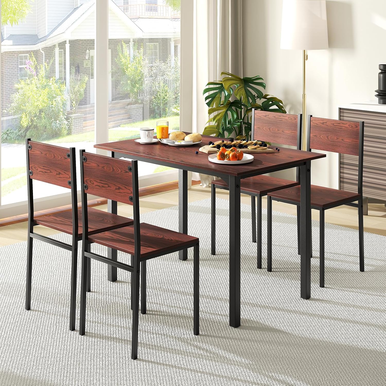 Giantex Dining Table Set for 4, 5-Piece Modern Kitchen Table and Chairs with Metal Frame & Adjustable Foot Pads, Space Saving Wood Dinette Set for Small Space, Breakfast Nook, Apartment (Walnut)