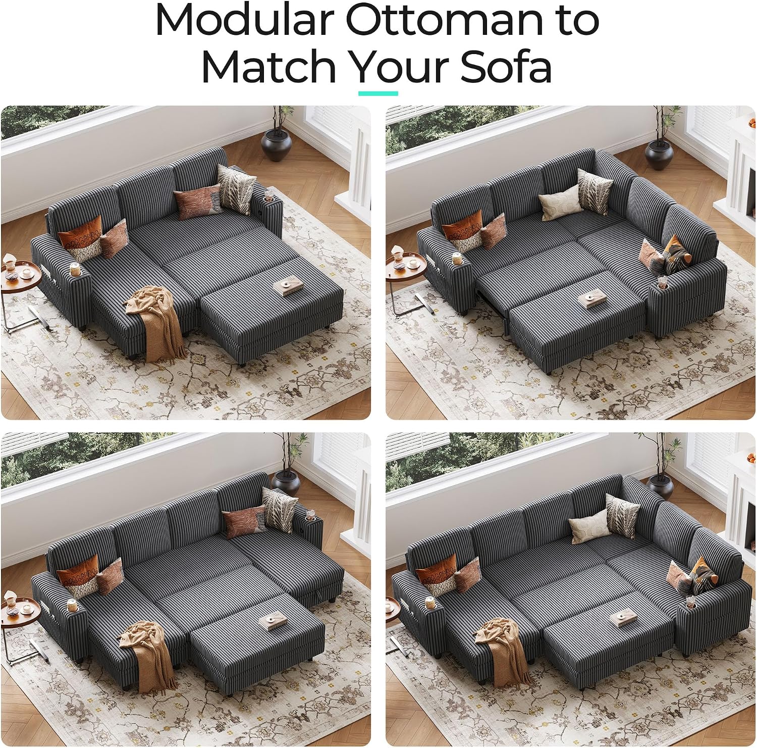 LINSY HOME Sectional Sleeper Sofa Storage Ottoman Bench, Convertible Coffee Table Plush Corduroy Couch Ottoman Footstool for Living Room, Bedroom Entryway and Family Room, Grey
