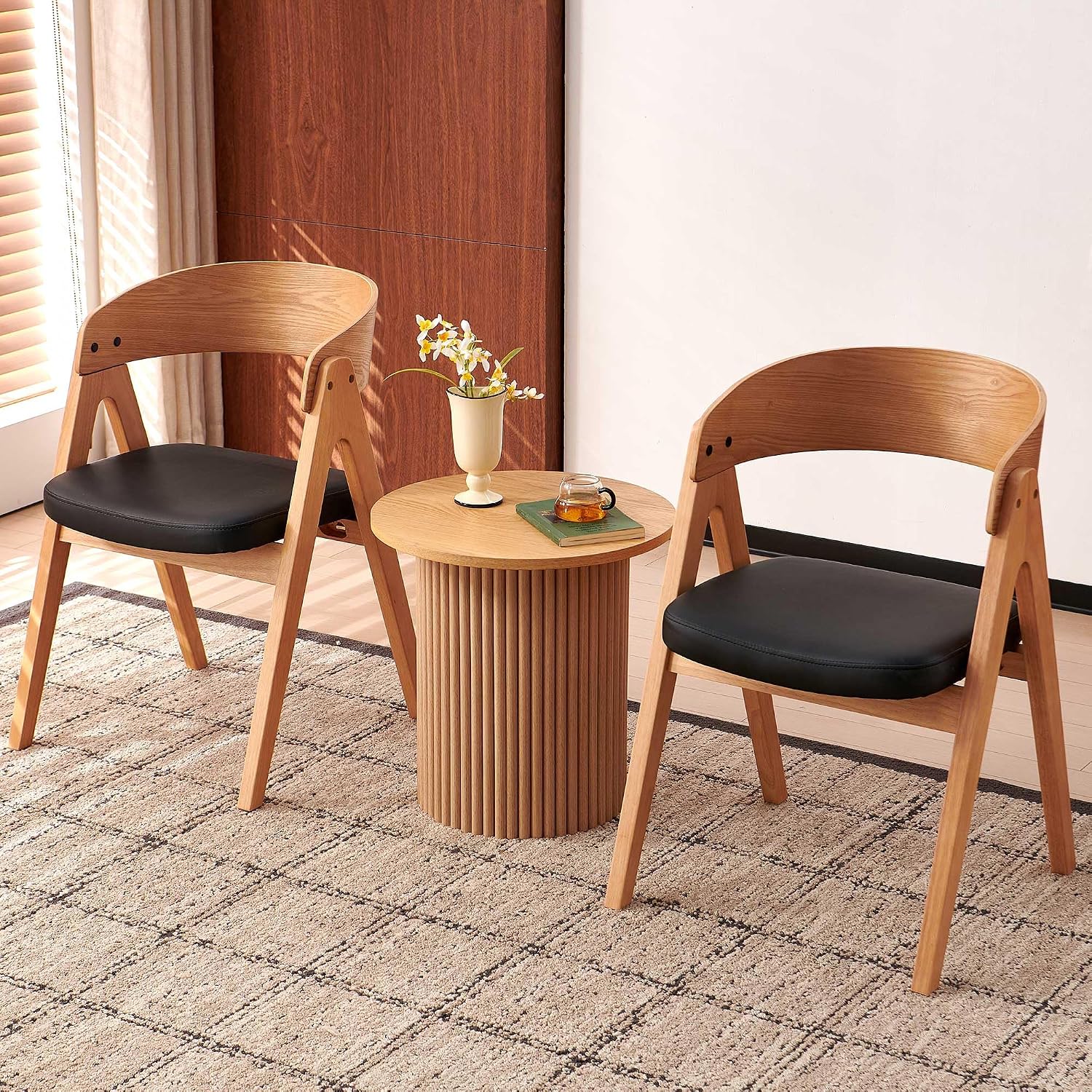 Homedot Small Round Accent Side Table with Wood Strip Base for Living Room, 19.69" Cicle End Table Engineered Wood Desktop Solid Oak Veneer Furnish, Modern Nightstand Table for Bedroom
