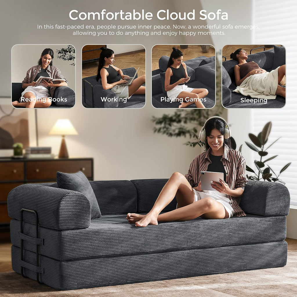 79" Convertible Futon Sofa Bed, Couch for Living Room | Dark Gray | Folding Corduroy Sleeper Sofa, Modular Futon Couch with Fixed-Shape Frame, Pull Out Couch No Assembly
