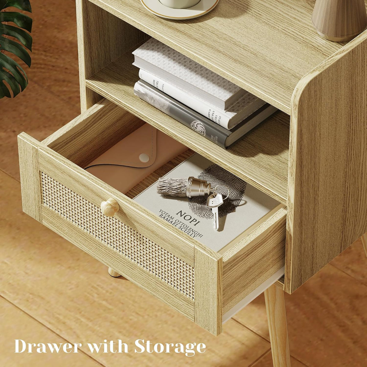 SUPERJARE Nightstands Set of 2, Night Stands with Charging Station & PE Rattan Decor Drawer, Bed Side Tables with Solid Wood Feet, End Table, for Bedroom, Living Room - Natural