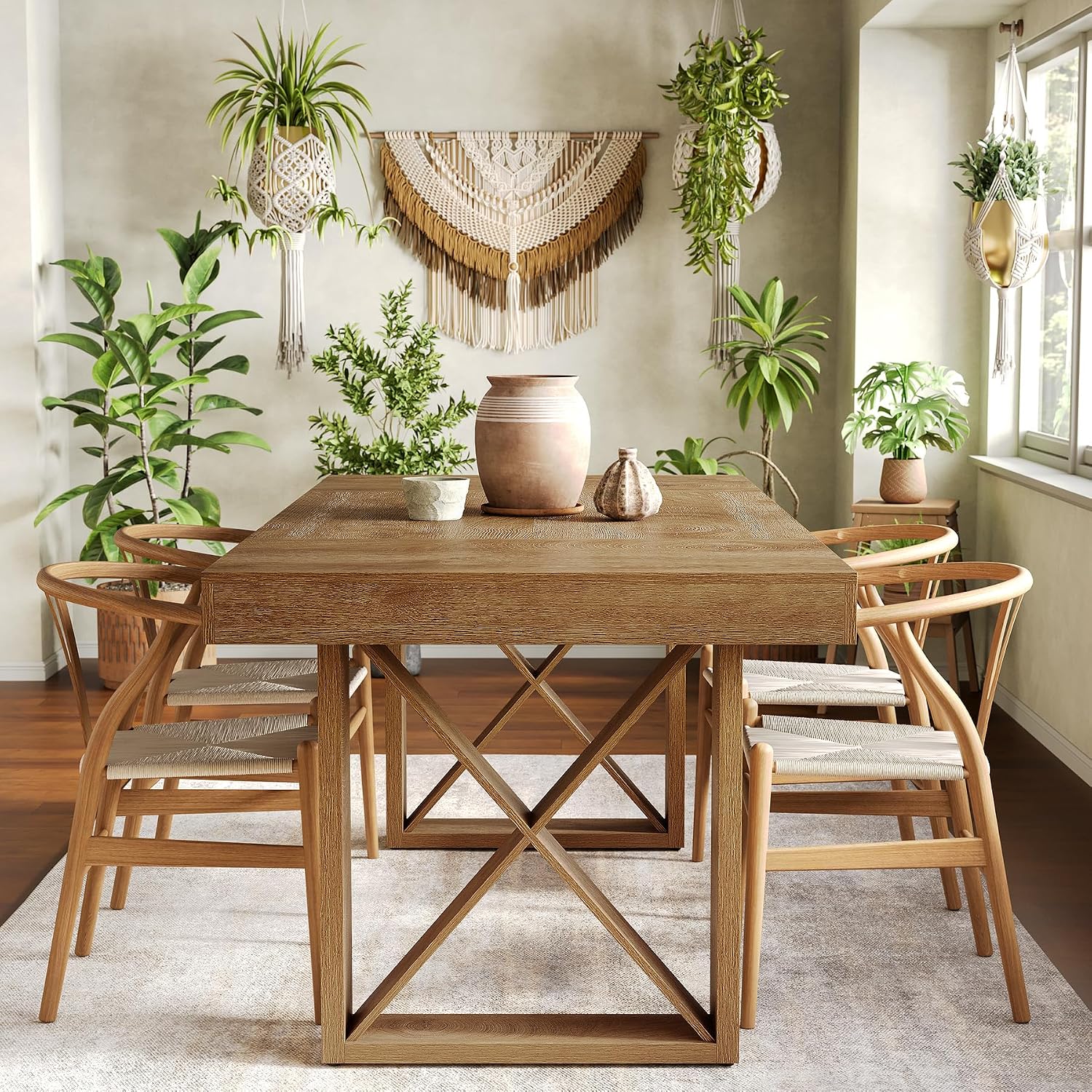 LITTLE TREE 63-Inch Dining Table for 4 People, Farmhouse Thick Appearance Design, Rustic Rectangle Kitchen Dinner Table for Dining Room, Living Room, Yellowish Brown