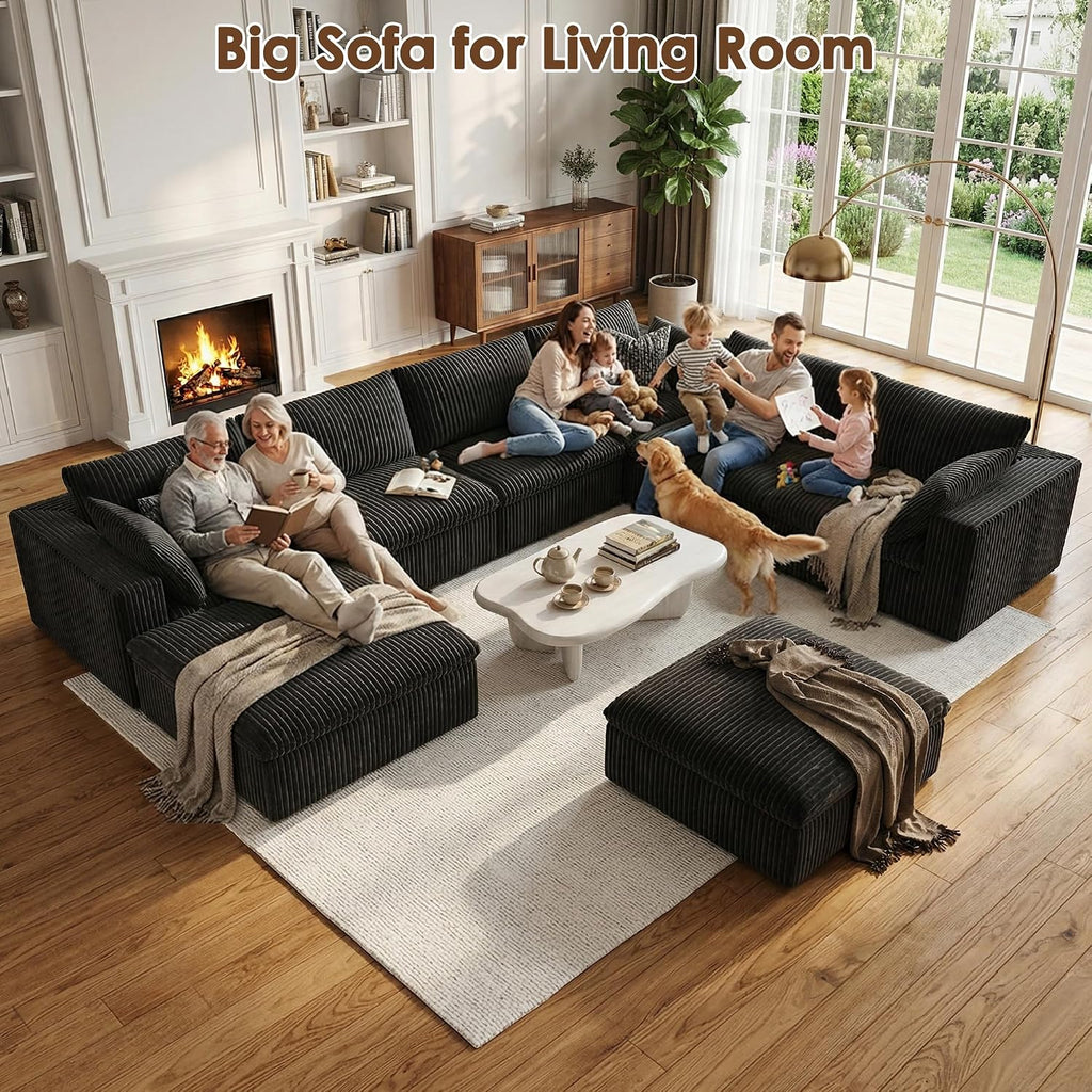 157.6" Cloud Couch Oversized Modular Sectional Sofa, U-Shaped 8 Seater Deep Seat Couch with Ottoman, Soft Corduroy Upholstery, DIY Combination for Living Room, No Assembly Required, Black