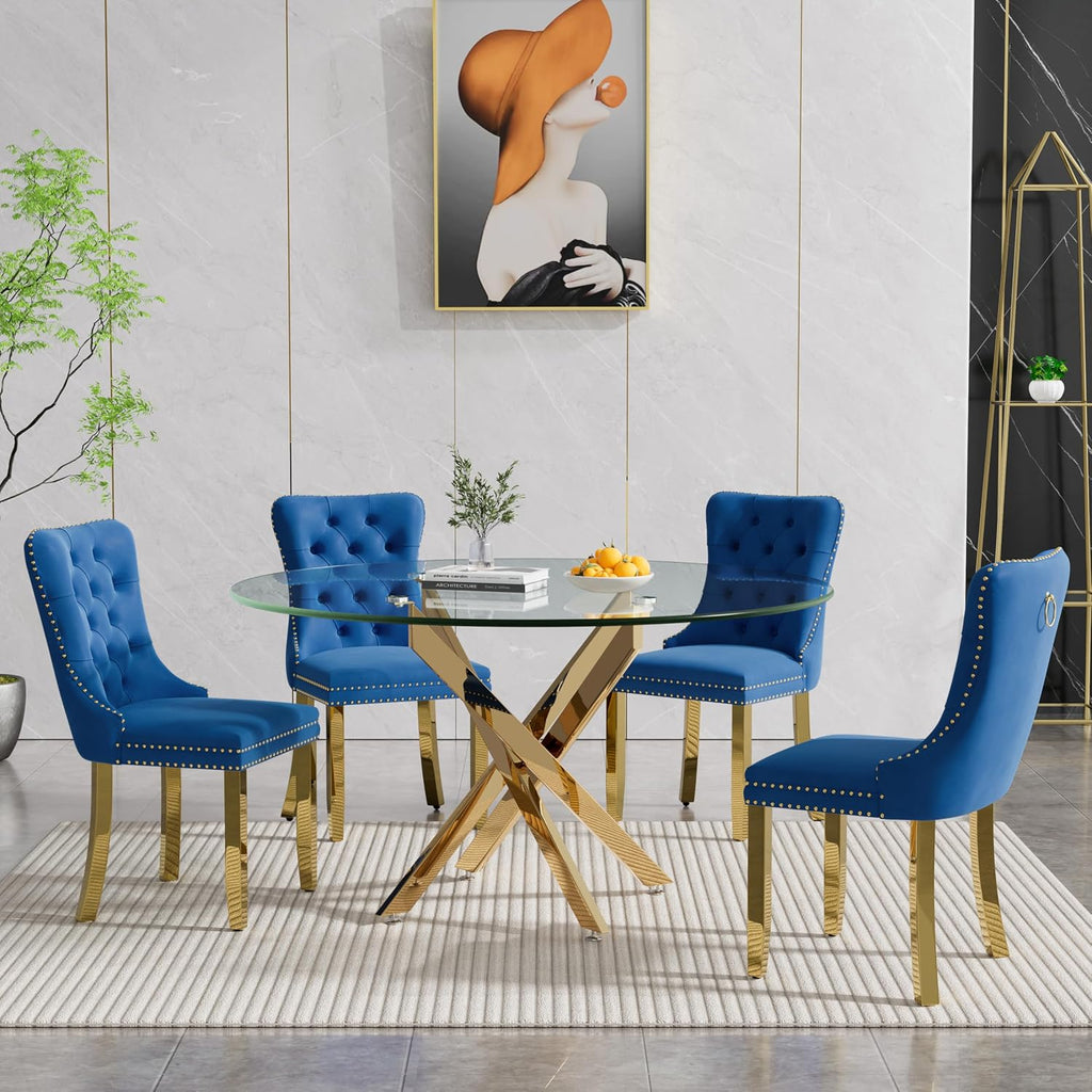 Round Glass Dining Table Set for 4, Small Kitchen Table Set for 4, 47" Circle Glass Dinner Table and Blue Velvet Chairs Set of 4,5 Piece Round Dining Room Table Set for Dinette Breakfast Cafe Party