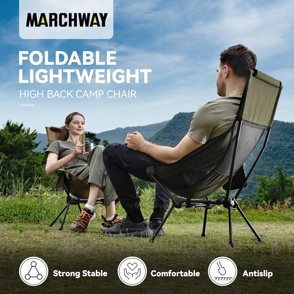 MARCHWAY Lightweight Folding High Back Camping Chair with Head Support, Stable Portable Compact for Outdoor Camp, Travel, Beach, Picnic, Festival, Hiking, Backpacking (Highback Green)