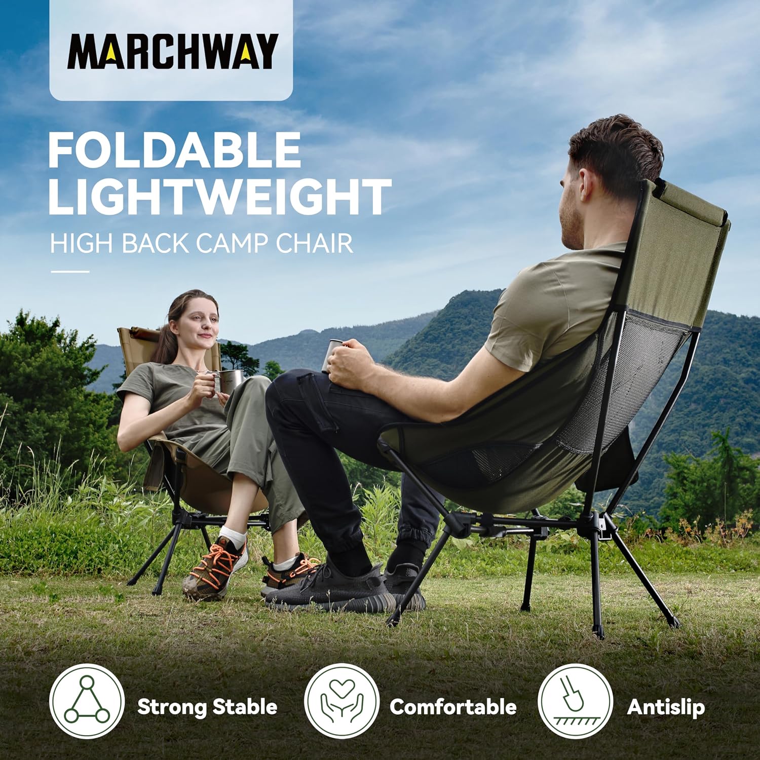 MARCHWAY Lightweight Folding High Back Camping Chair with Head Support, Stable Portable Compact for Outdoor Camp, Travel, Beach, Picnic, Festival, Hiking, Backpacking (Highback Green)