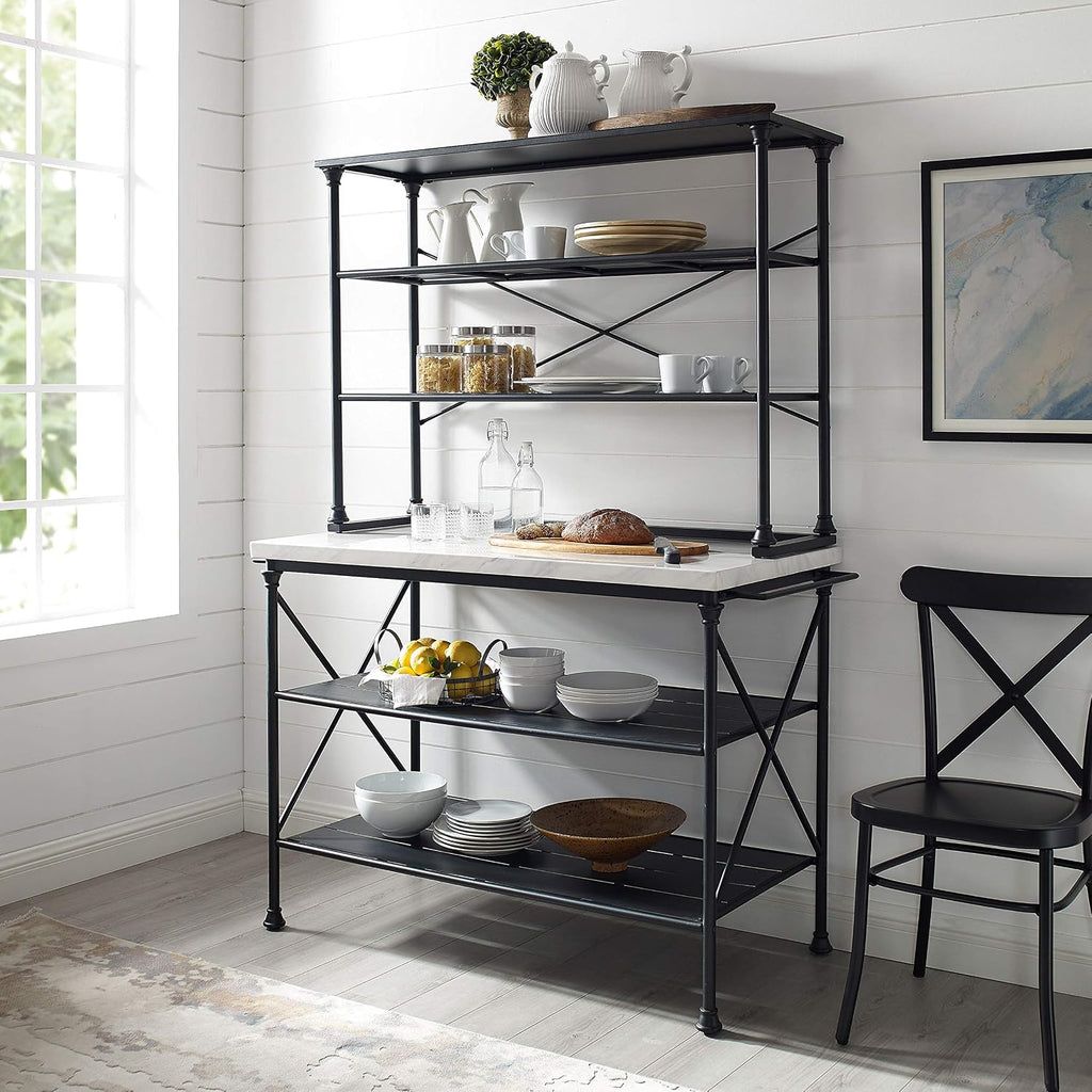 Crosley Furniture Madeleine Kitchen Island and Hutch with Shelves for Storage, Microwave Stand, Coffee Bar, Steel with Faux Marble Top