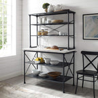 Crosley Furniture Madeleine Kitchen Island and Hutch with Shelves for Storage, Microwave Stand, Coffee Bar, Steel with Faux Marble Top