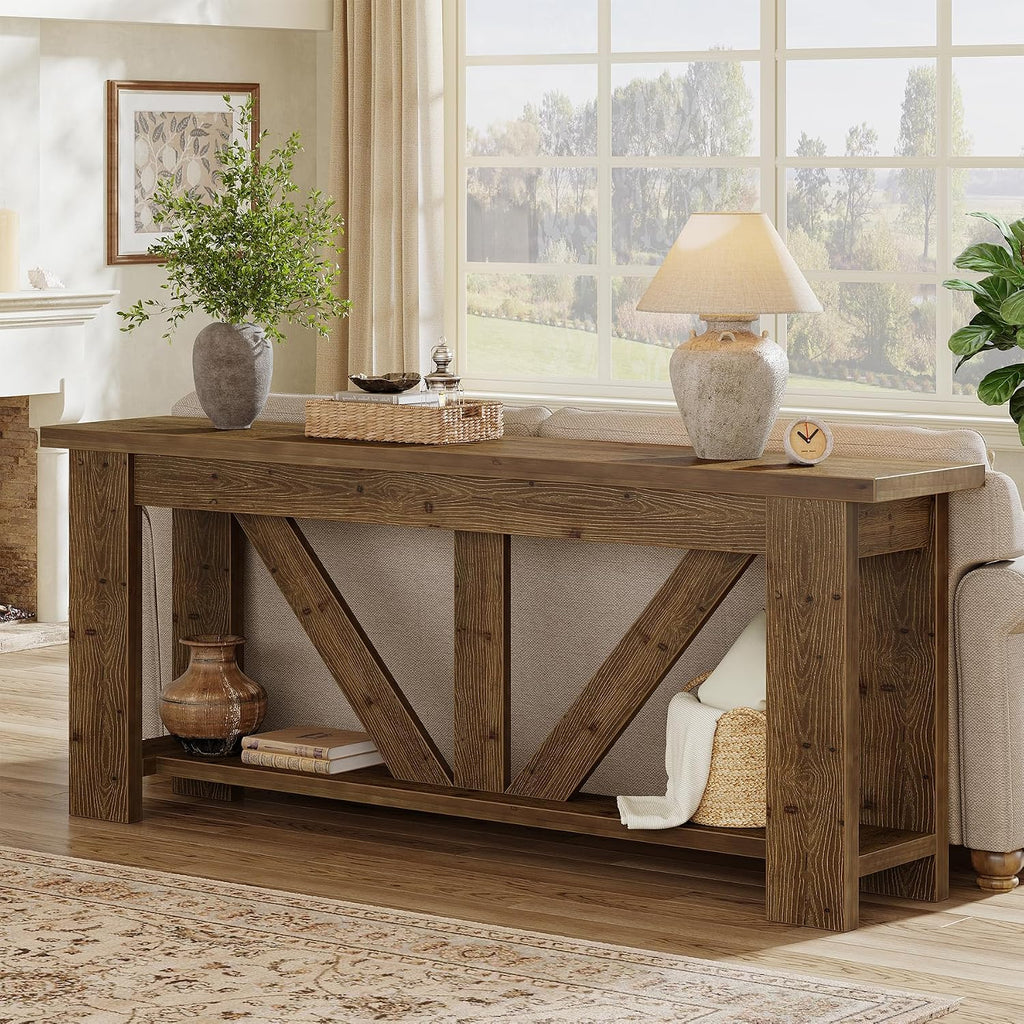 Solid Wood Sofa Table, 70.9 Inches Extra Long Console Table with 2 Tiers Storage Shelves, Rustic Entryway Table Behind Couch Table for Living Room, Hallway, Foyer, Brown