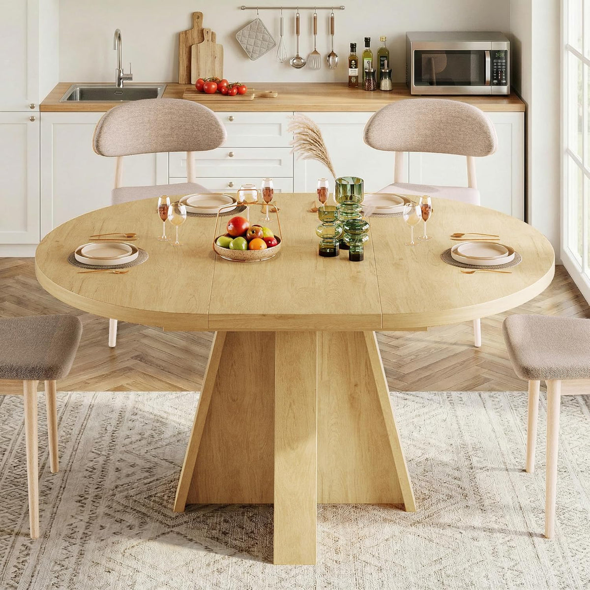 iPormis 43.3in-59in Extendable Round Dining Table for 4-6, Modern Wooden Kitchen Table for Dining Room, Adjustable Size Oval Circle Dinner Tables Furniture for Kitchen Living Room, Natural