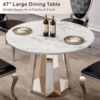 47" Round Dining Table, Mid-Century Modern Round Kitchen Table for 4-6People, High Gloss Faux Marble Tabletop and Stainless Steel Base for Dining Room, White Silver