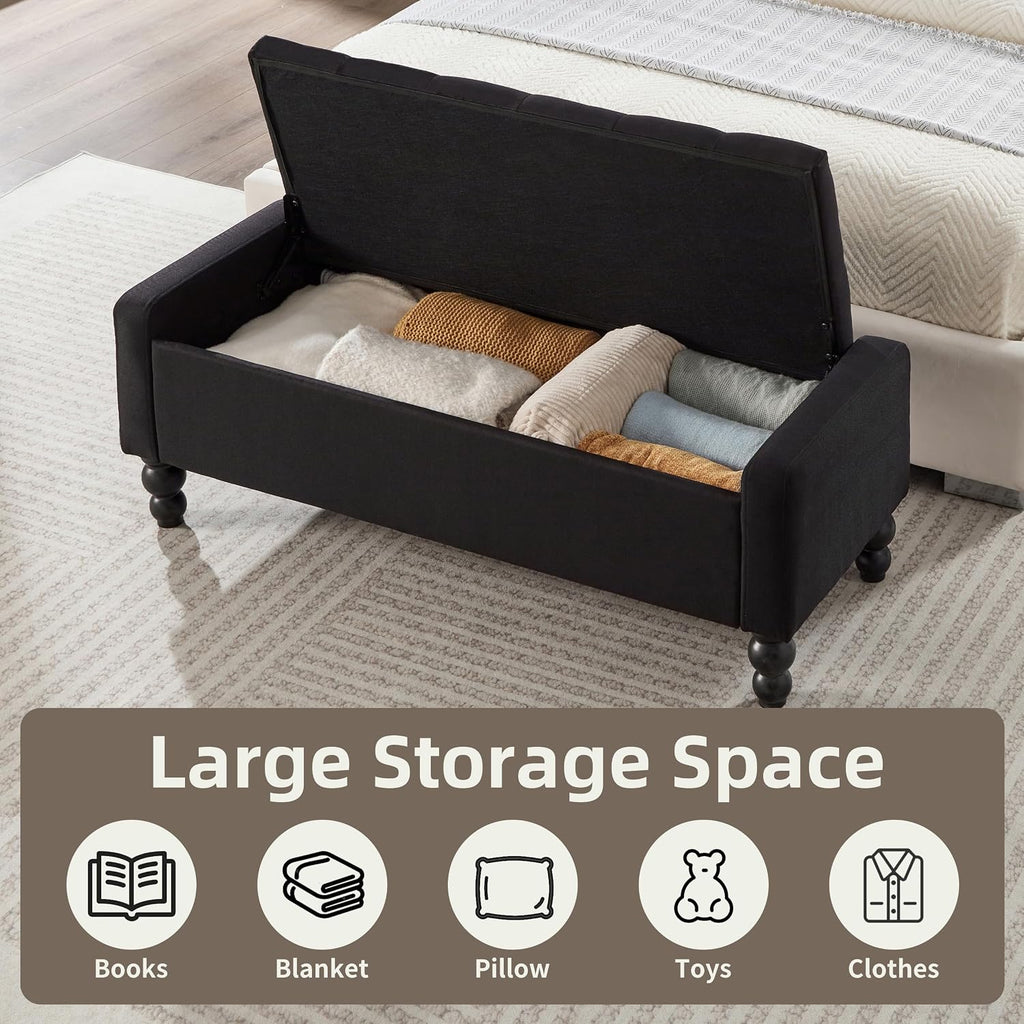 50" W Storage Ottoman Bench with Safety Hinge, Load up to 660 lb Ottoman with Storage, Upholstered Tufted Entryway Bench with Seating for Living Room, Bedroom, Entryway, Black