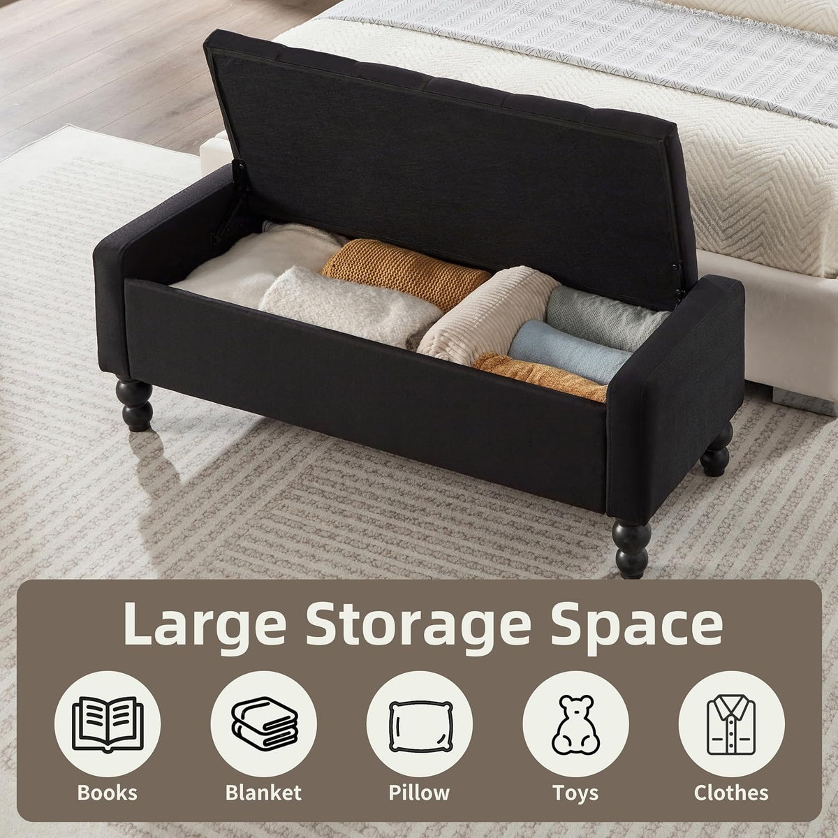 50" W Storage Ottoman Bench with Safety Hinge, Load up to 660 lb Ottoman with Storage, Upholstered Tufted Entryway Bench with Seating for Living Room, Bedroom, Entryway, Black