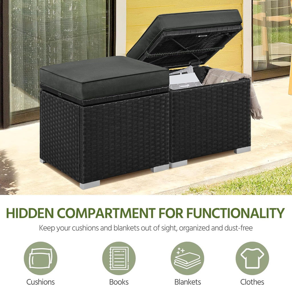 Yaheetech Wicker Ottomans, Set of 2 PE Rattan Side Tables, Black/Gray | Outdoor/Indoor Footstools with Hidden Storage & Removable Cushion, Additional Seating for Patio/Garden/Balcony/Yard