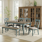 Roundhill Furniture Prato 6-Piece Dining Set, Dining Table with 4 Cross Back Chairs and Bench, Antique Blue and Distressed Walnut Finish