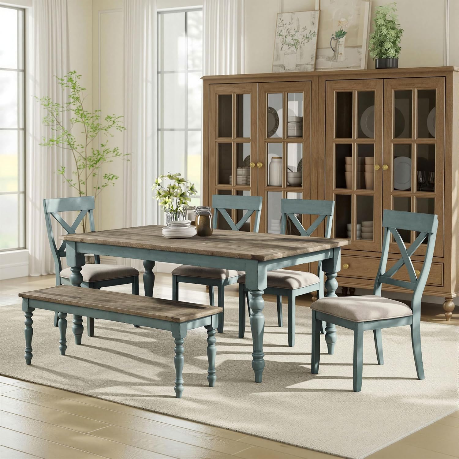 Roundhill Furniture Prato 6-Piece Dining Set, Dining Table with 4 Cross Back Chairs and Bench, Antique Blue and Distressed Walnut Finish