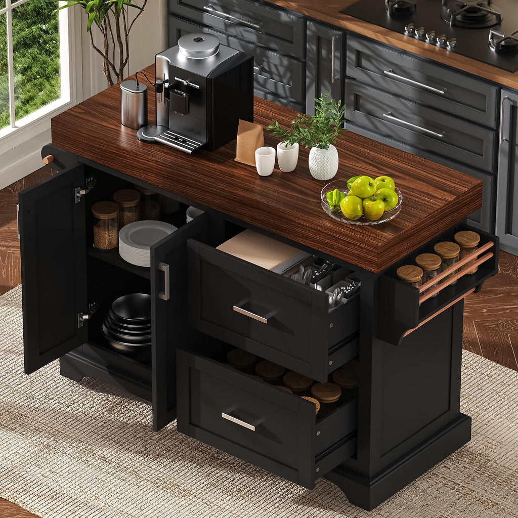 53" Large Kitchen Island with 3.5" Thick Desktop, Spice and Towel Racks, Rolling Kitchen Island with Storage on 5 Wheels, 2 Extra-Large Drawers, for Home, Kitchen, Dining Room, Black
