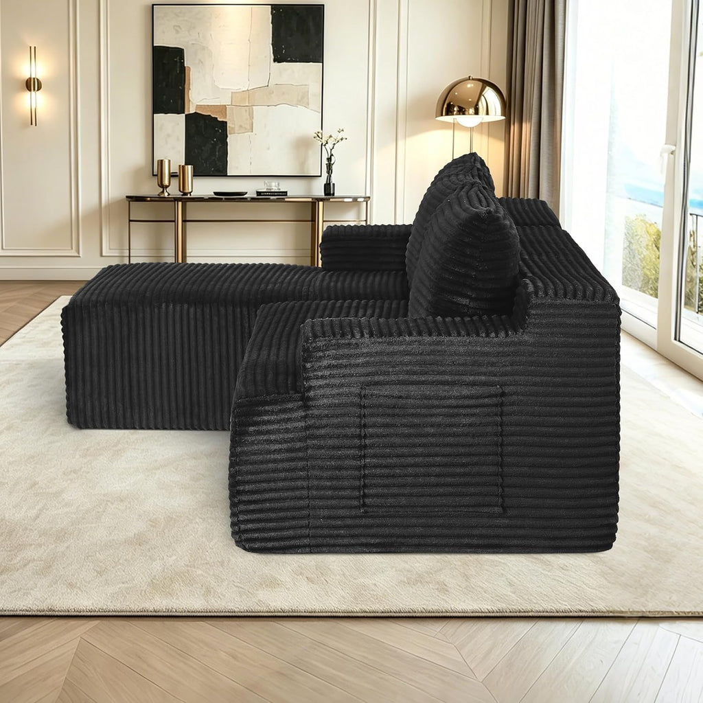 Eafurn 96" L Shaped Cloud Sectional Couch with Chaise, Deep Seat Modular Sectional Sofa Corduroy Memory Foam Sofa Couches for Living Room Bedroom, No Assembly Required, Black