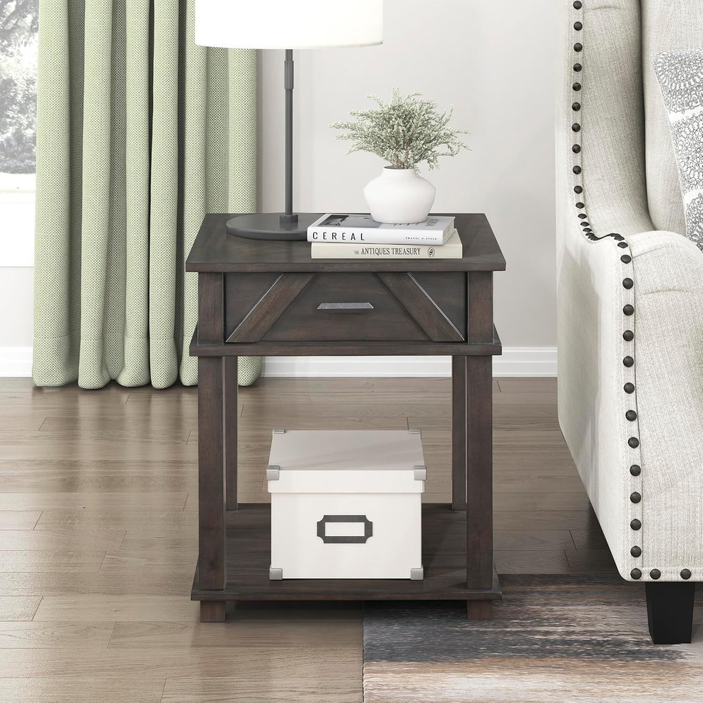 Lexicon Rectangle Wood End Table with Drawer and Lower Open Shelf, Pine Wood Veneer Small Side Table for Contemporary Living Room/Bedroom, Easy Assembled, Brown
