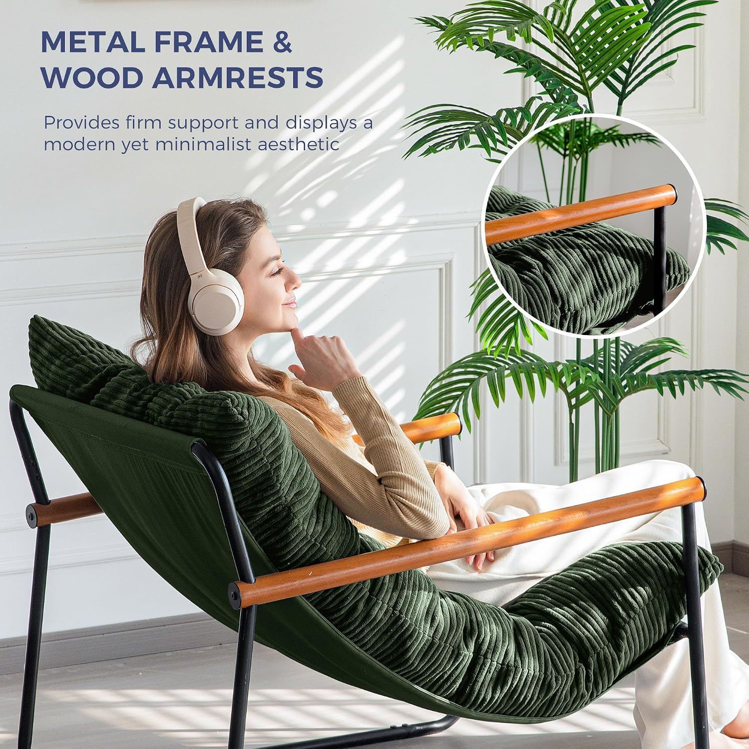 MAXYOYO Modern Accent Chair, Comfy Living Room Chair with Metal Frame | Accent Chair Upholstered Armchair with Soft Cushion for Bedroom Balcony Lounge Reading Room, Dark Green