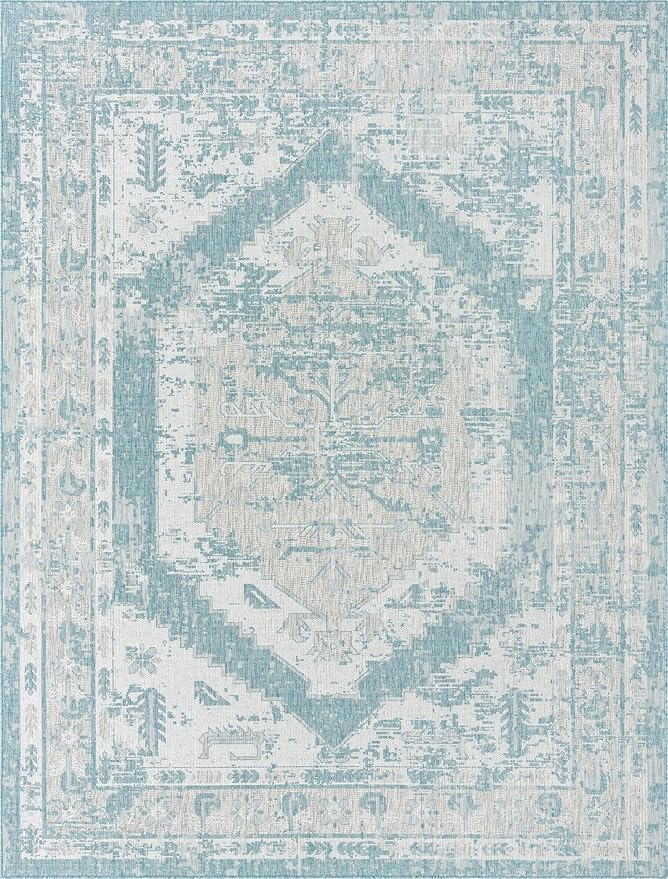 Unique Loom Outdoor Traditional Collection Area Rug - Valeria (9' x 12' 2" Rectangle, Aqua/ Ivory)