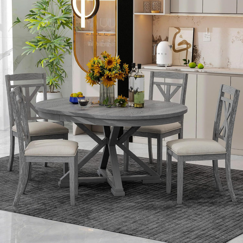 Merax Extendable Round Dining Table Set for 4, Farmhouse Kitchen Table Set with 4 Upholstered Chairs for Kitchen, Dining Room, Living Room, Grey