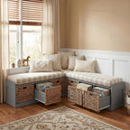 L-Shaped Storage Bench, 63" Corner Entryway Window Bench with 6 Strorage Drawers, Modern Breakfast Nook Seat for 2-3 Adults, Corner Banquette Benches for Living Room, Dining Room, Gray