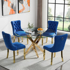 Round Glass Dining Table Set for 4, Small Kitchen Table Set for 4, 47" Circle Glass Dinner Table and Blue Velvet Chairs Set of 4,5 Piece Round Dining Room Table Set for Dinette Breakfast Cafe Party