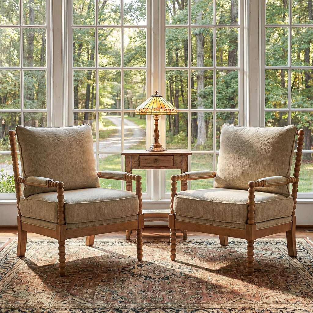 Morden Fort Linen Fabric Spindle Accent Chair with Wood Frame, French Style Accent Chairs with Padded Spring Seat and Armrest Pads, Brushed Base for Living Room Bedroom Farmhouse Office Balcony(Beige)
