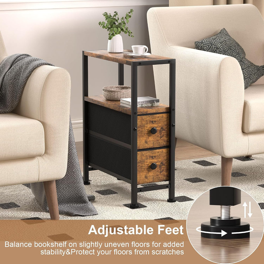 Small Narrow Side Table with Drawers, Skinny End Table for Small Spaces, Slim Nightstand with Storage, sofa bedside Table in Living Room, Bedroom, Study, kitchen and Balcony (Rustic Brown)M-LBZ83B1V1