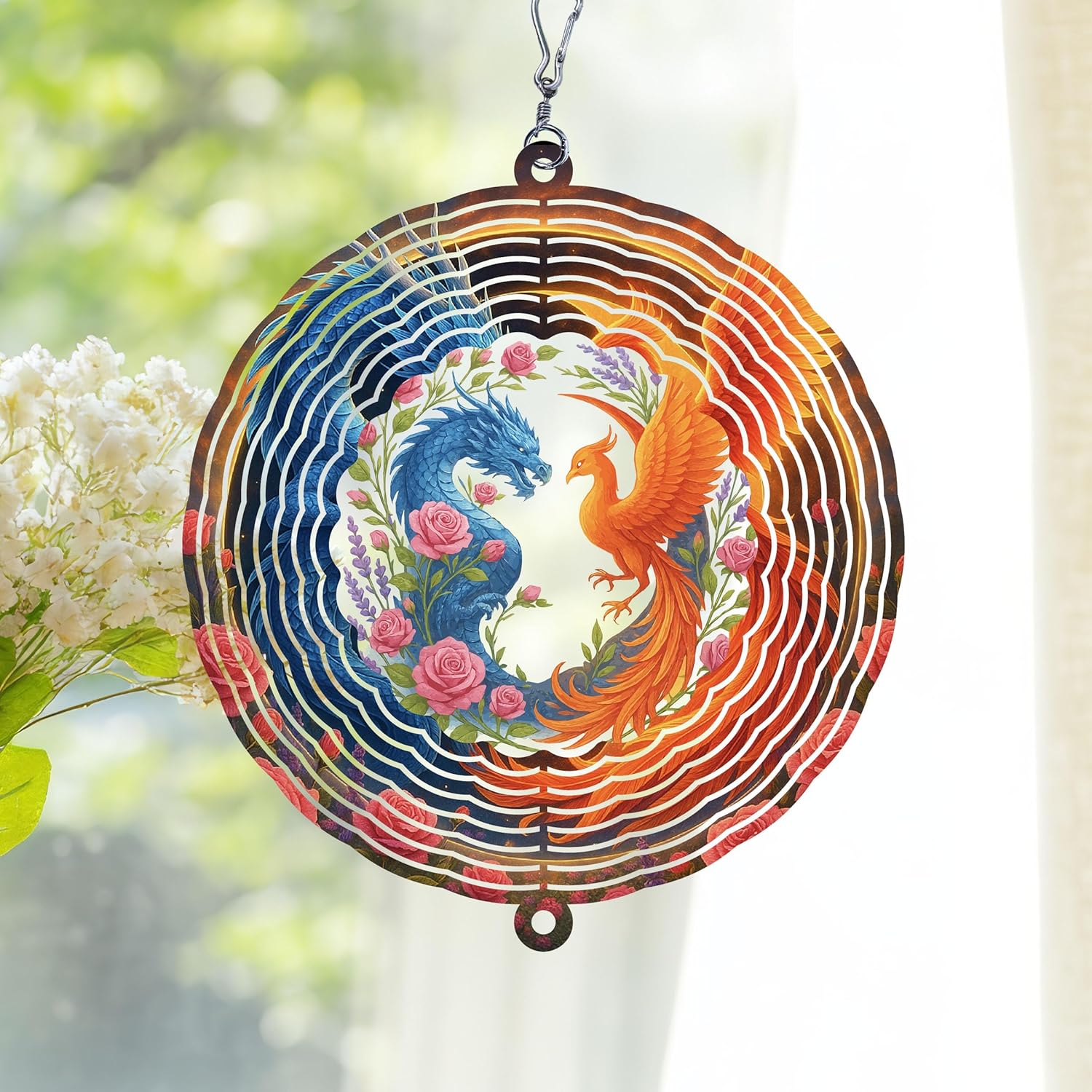Personalized Dragon & Phoenix Wind Spinner 3D Stainless Steel, Dragon Garden Spinner Hanging Outdoor Decor, Wind Spinners Outdoor, Custom Gift for Grandmother, Mom, Wife