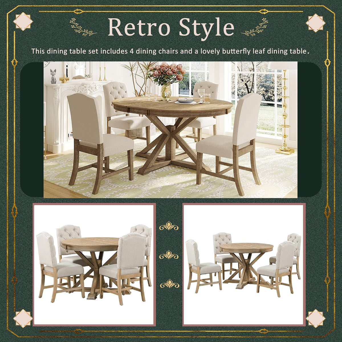 LUMISOL Round Dining Table Set for 4, Farmhouse Kitchen Table Set with Extendable Round Dining Table & 4 Upholstered Chairs, 5-Piece Solid Wood Table and Chairs Set for Dining Room, Natural